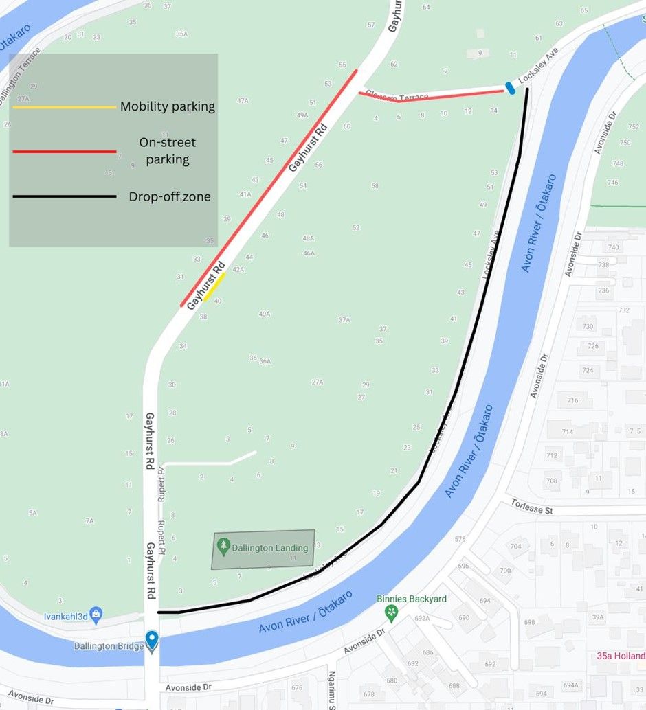 Map illustrating parking and drop off points as described above